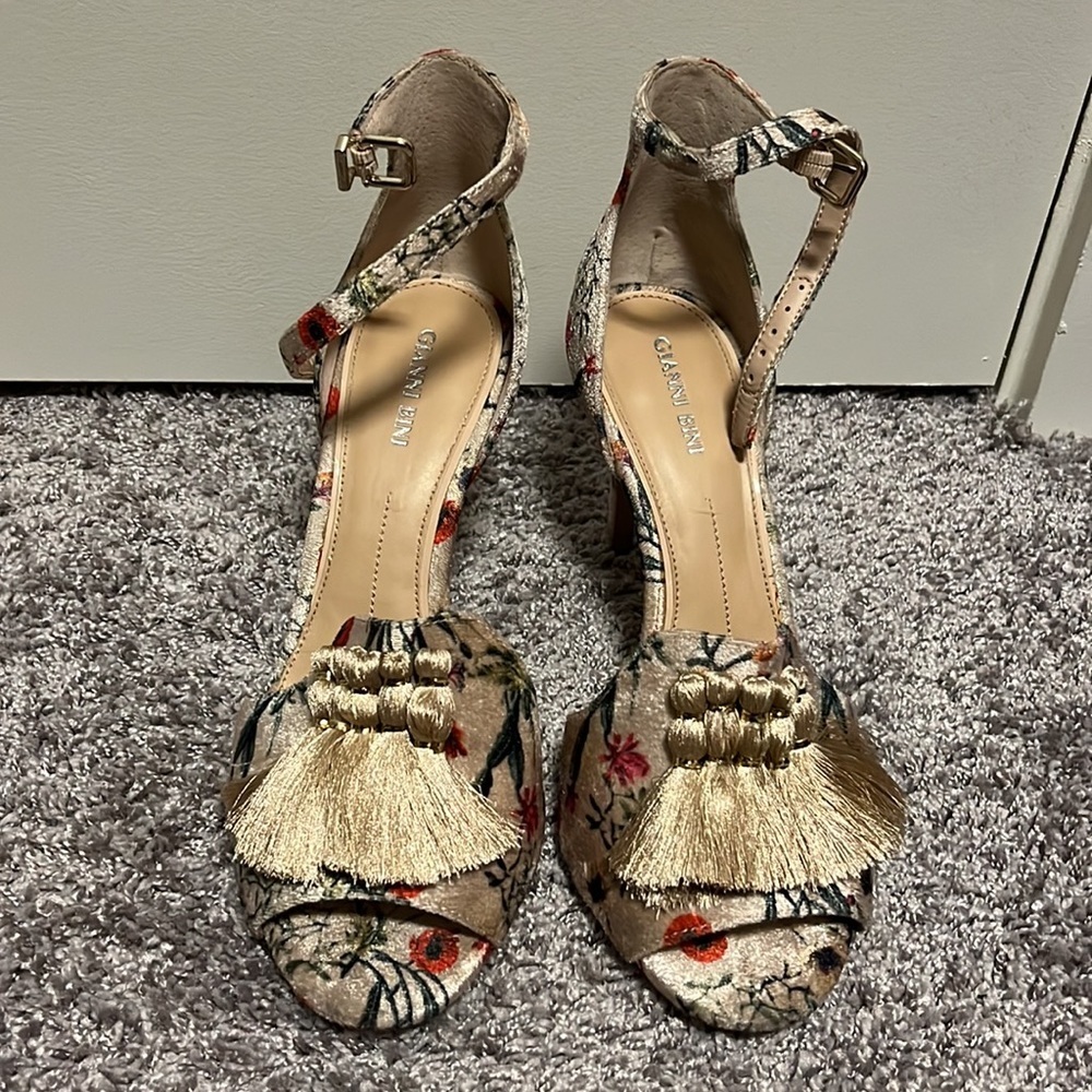 Gianni Bini Floral Print Heeled Sandals with Gold Tassels - Picture 2 of 12